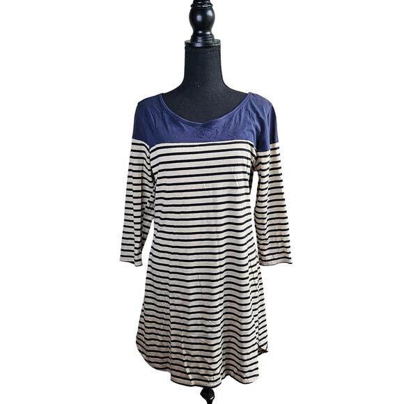 🦃 Umgee Navy Cream Striped Casual Comfort Knit Dress 3/4 Sleeves Size Large - Picture 1 of 9